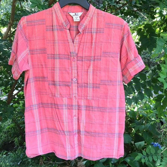 Woolrich Pleated Orange Plaid Button Up Blouse S - Picture 1 of 9